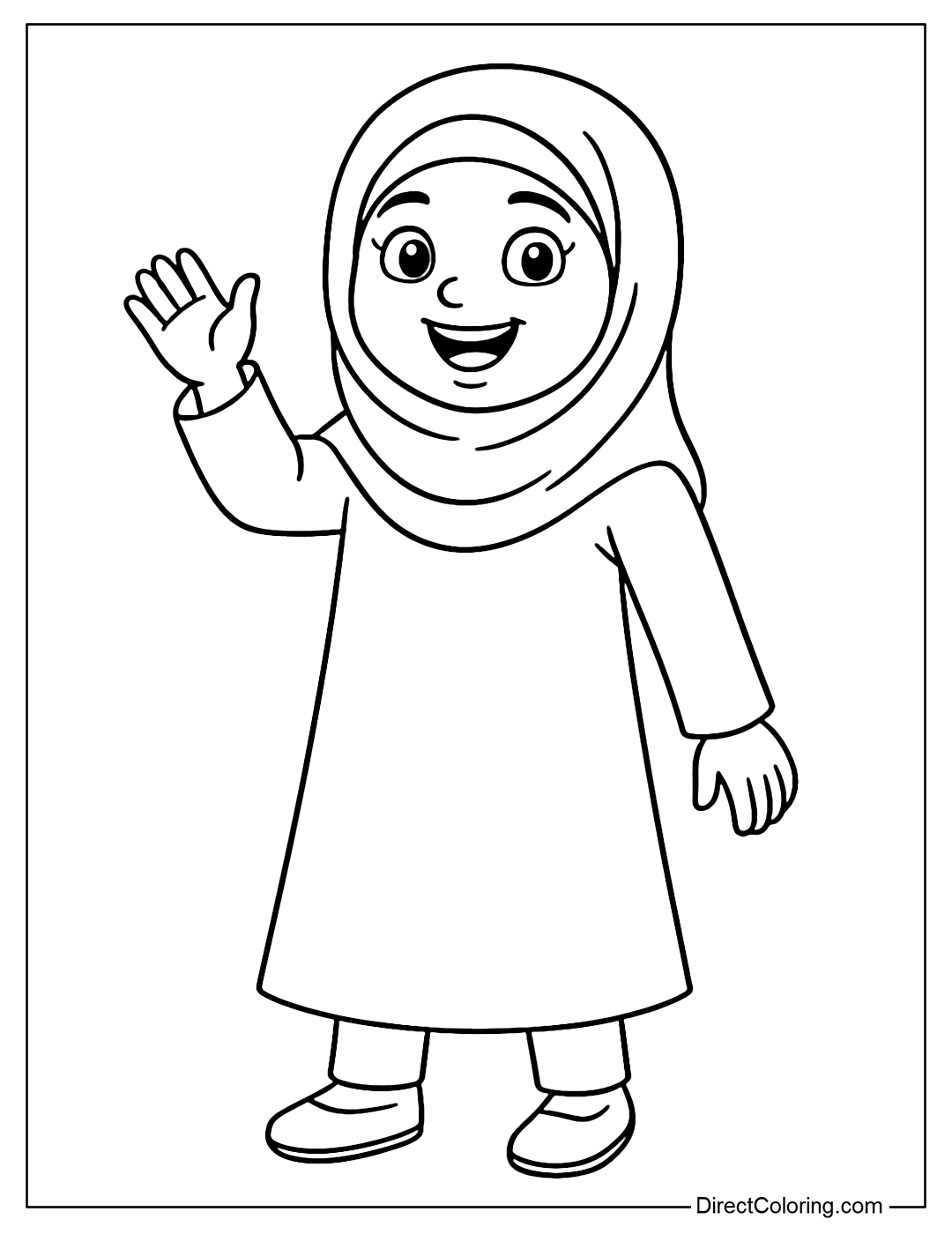 Coloring page of an Iranian girl wearing a hijab, smiling and waving.